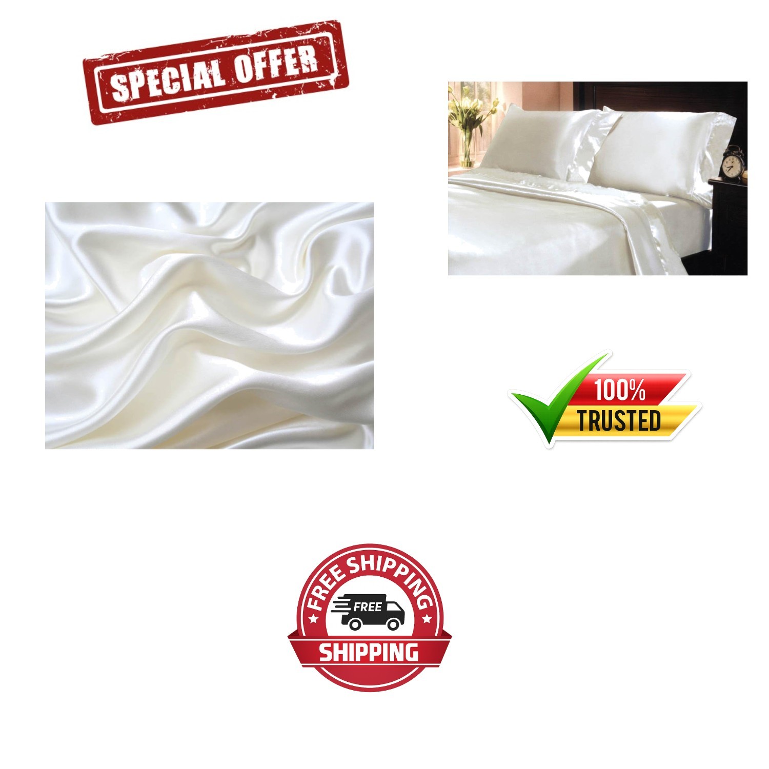 Indulgent 4pc Queen Satin Sheet Set - Elegant Soft White with 15-Inch Pockets