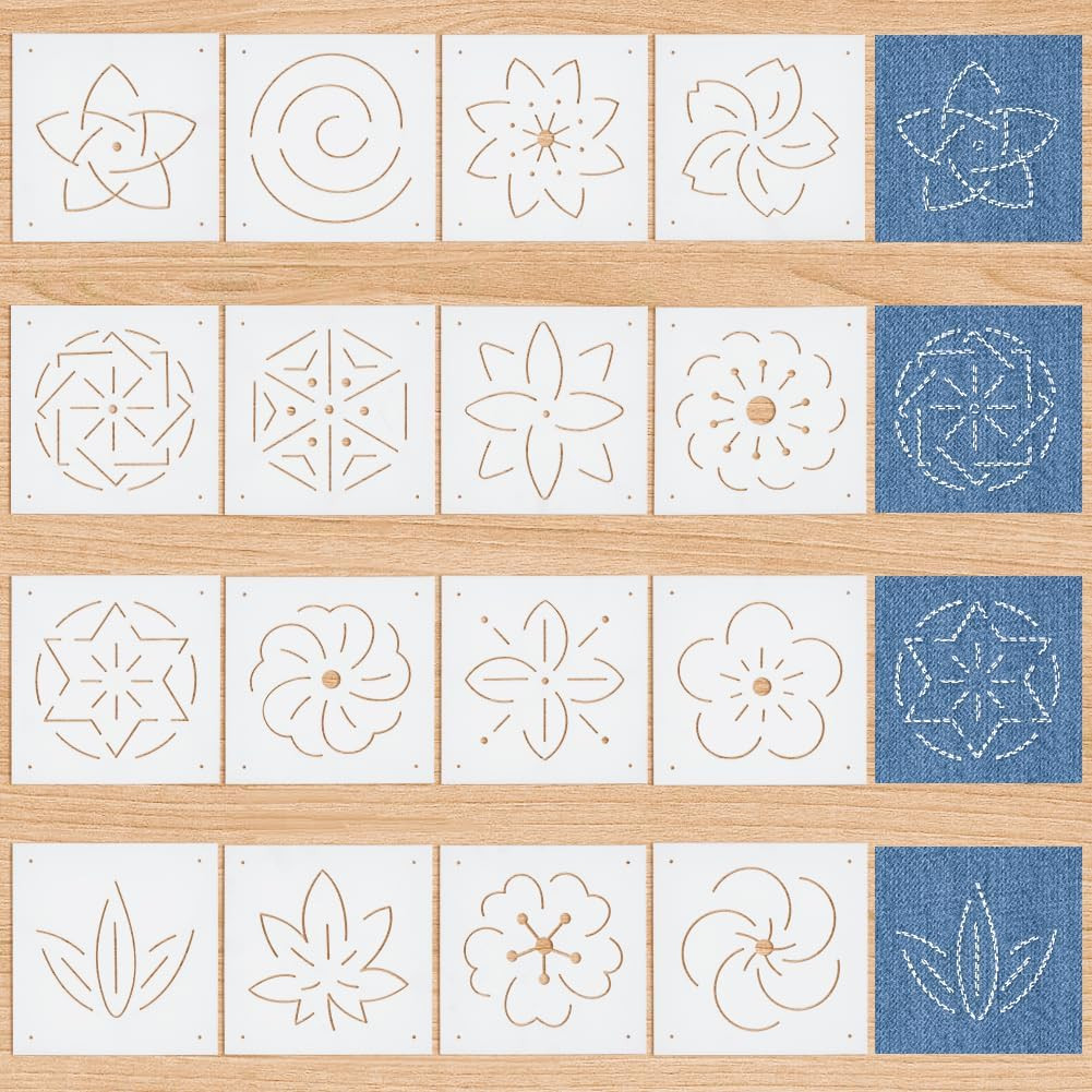 BENECREAT 16Pcs Plastic Sashiko Stencil, 5X5Inch Flower Patterns Embroidery Tool