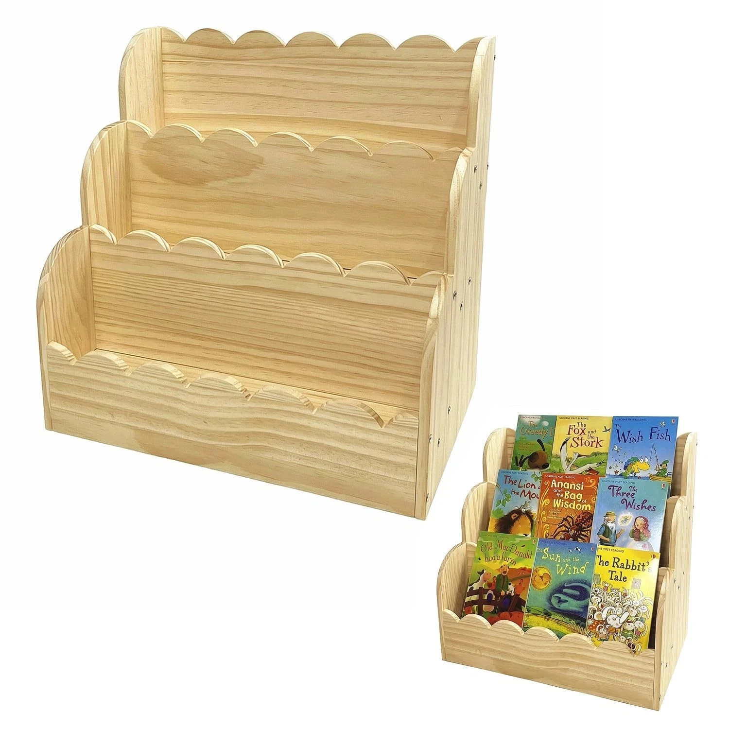 Scalloped Book Shelf for Kids, 3-Tier Wooden Bookshelf 16.5*16.5*11in Natural