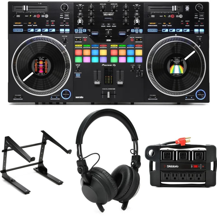 Pioneer DJ DDJ-REV7 2-deck Serato DJ Controller with Laptop Stand and Power