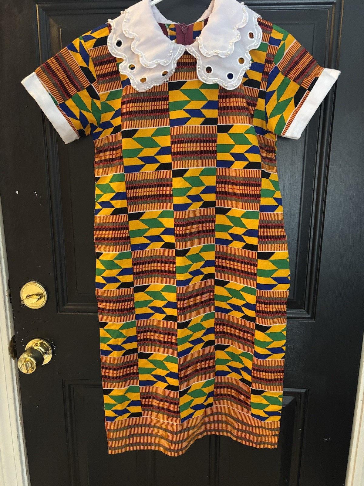 African Kente Print  Dress Woman’s Size S/M Faux Pearl Double Collar READ