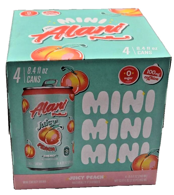 Alani Energy Drinks Juicy Peach 8.4 oz Cans (4 Pack) Zero Sugar 100mg caffeine