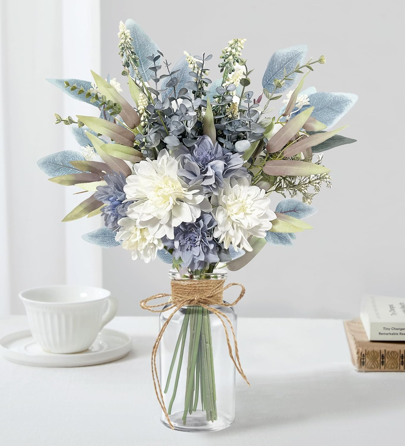 Fake Flowers in Vase, Silk Flower Blue Artificial Flowers, Floral Arrangements w