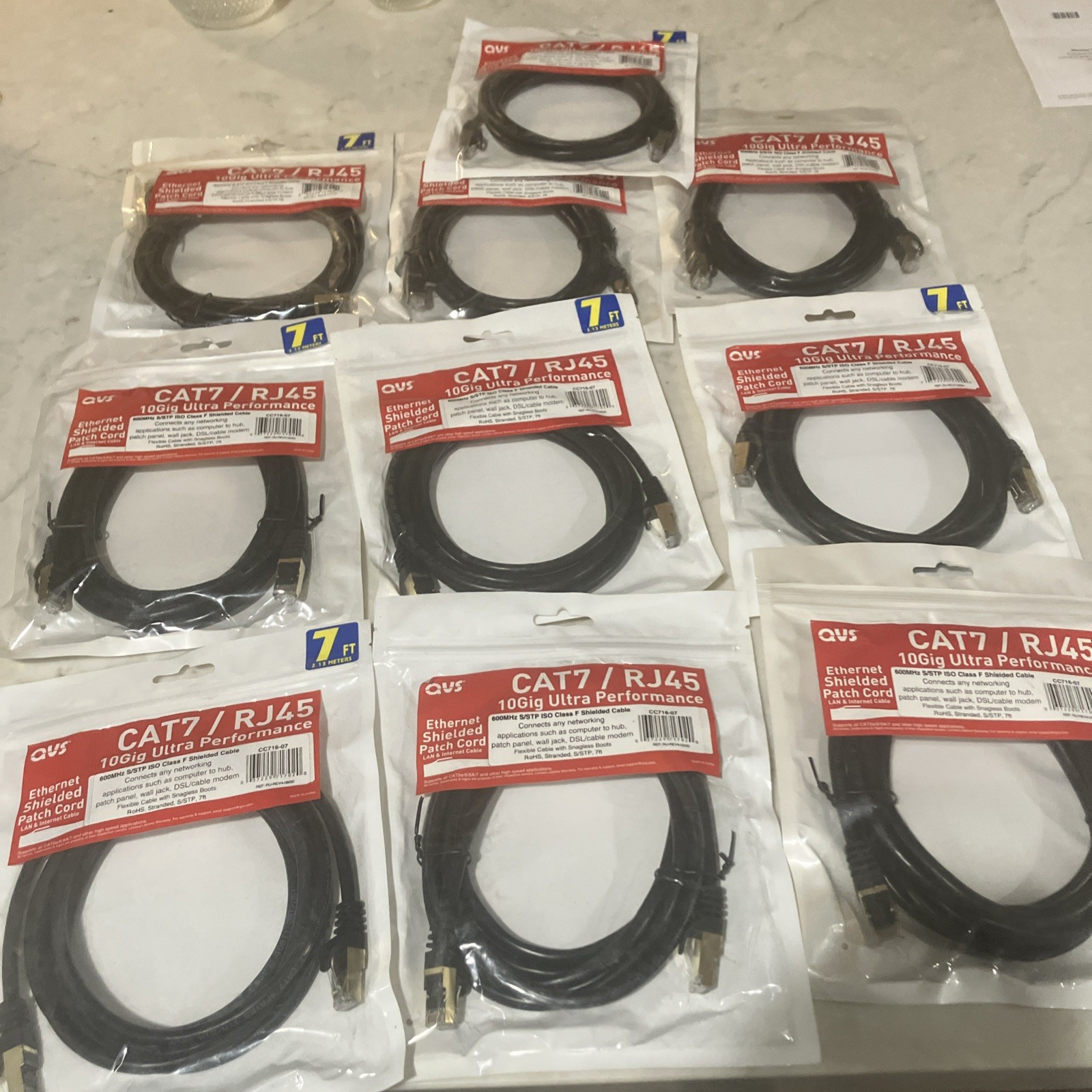 Lot of 10 QVS CAT7/RJ45. 10Gig Ultra Performance. 7ft Flexible Snagless Boots