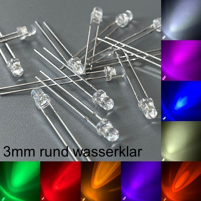 3mm LEDs Round Water Clear All Colours Inc Resistors Light Emitting Diodes LED 3mm -
