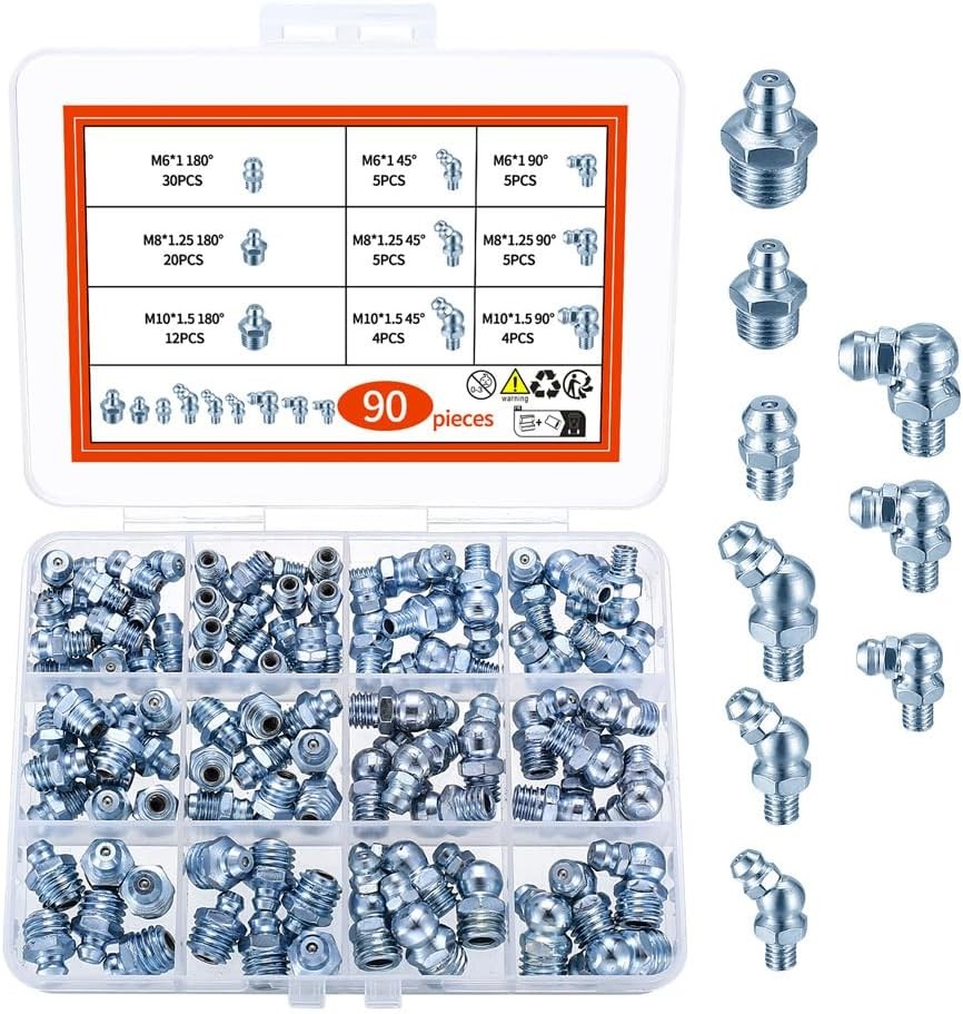 90Pcs Metric Grease Fittings Kit,Straight and Angled Grease Zerk Kit, M6 M8 M10