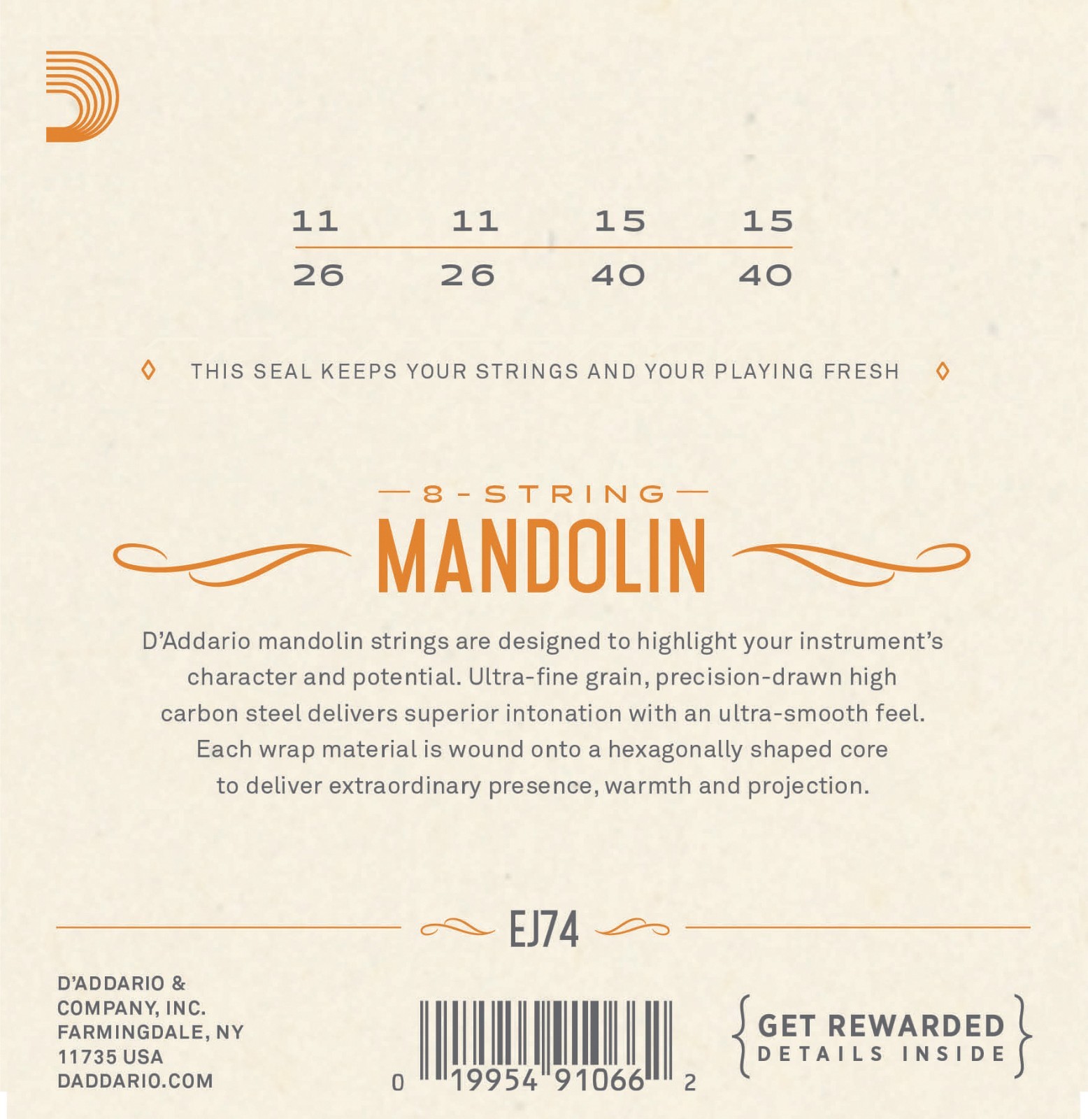 D'Addario EJ74 Mandolin Strings Phosphor Bronze Medium 11-40