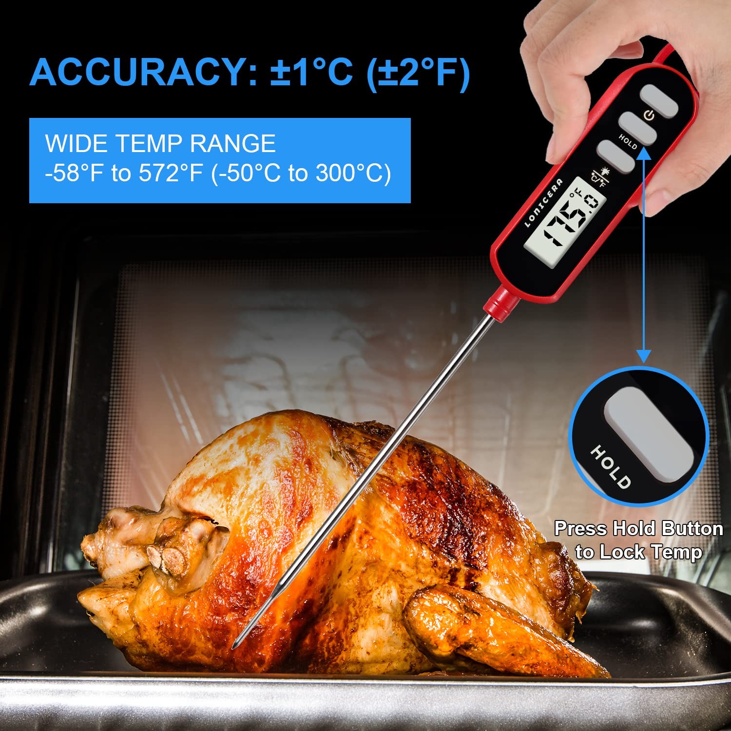 Lonicera Digital Cooking Thermometer for Bread Baking, 5" Probe, Instant Read...