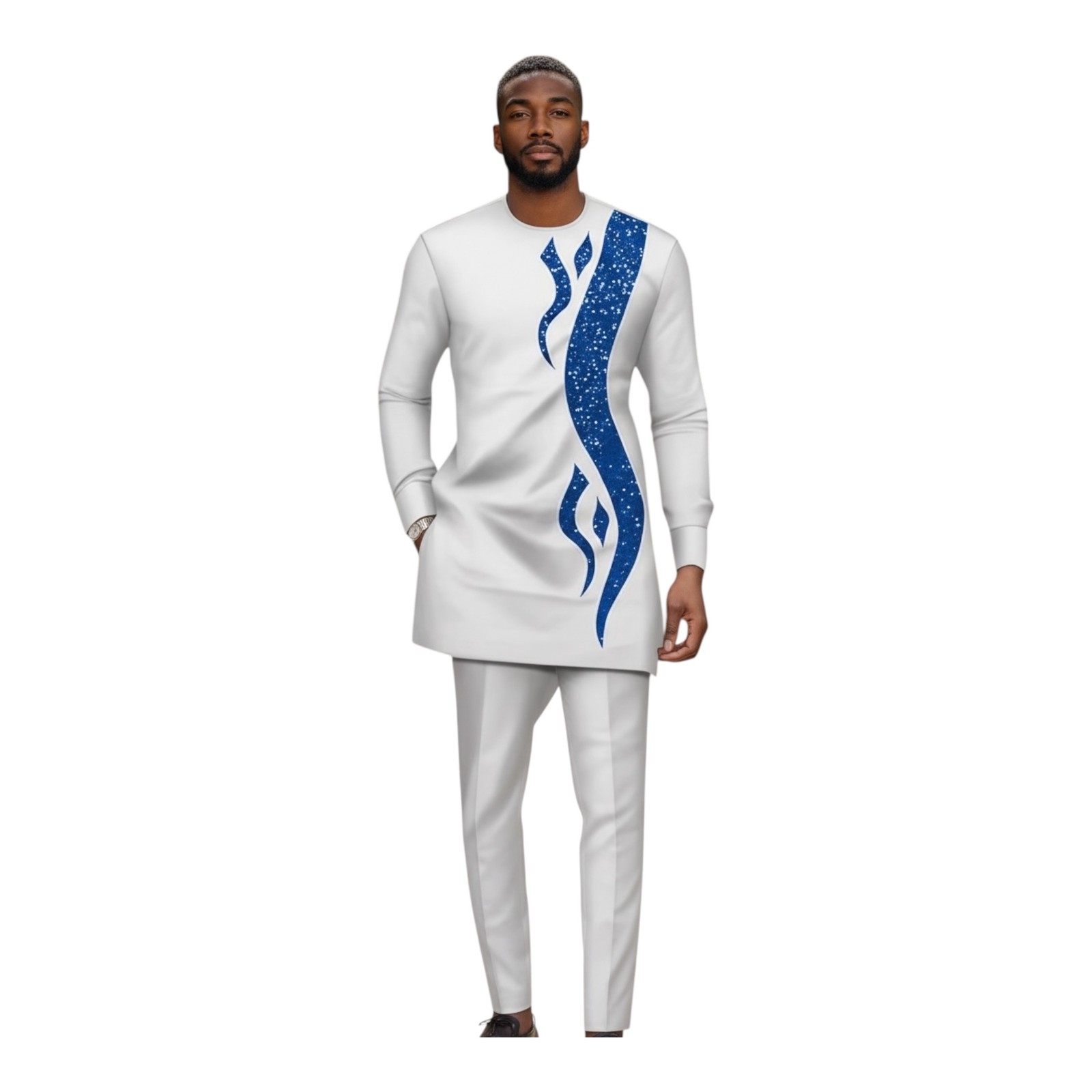 Traditional African 2 Piece Suit Men Long Sleeve Dashiki Ankara Outfit (WHITE)