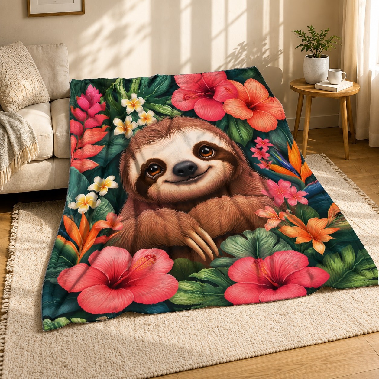 Smiling Sloth Tropical Flowers Coral Fleece Blanket Jungle Decor