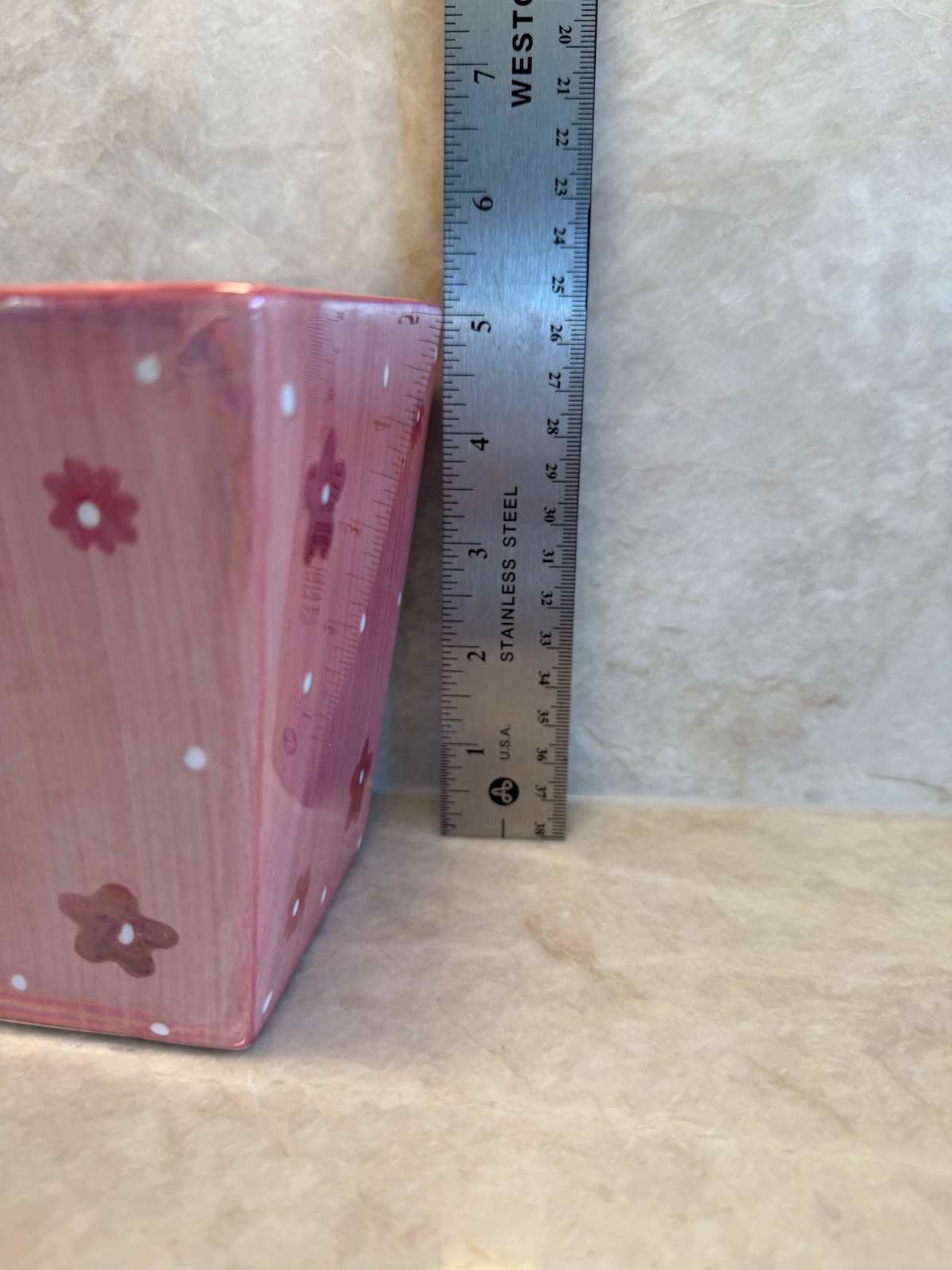 Glazed Ceramic Pink Square Planter Iridescent with flowers (Sh6)
