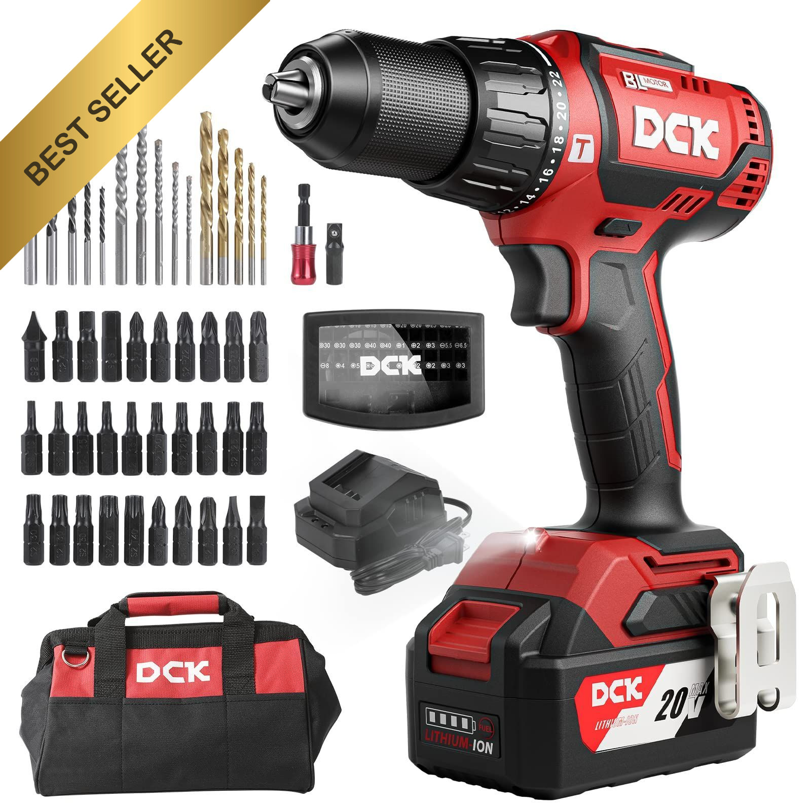DCK 20V Brushless Hammer Drill, 531 in.lbs, 36000 BPM, 1/2" Red Drill