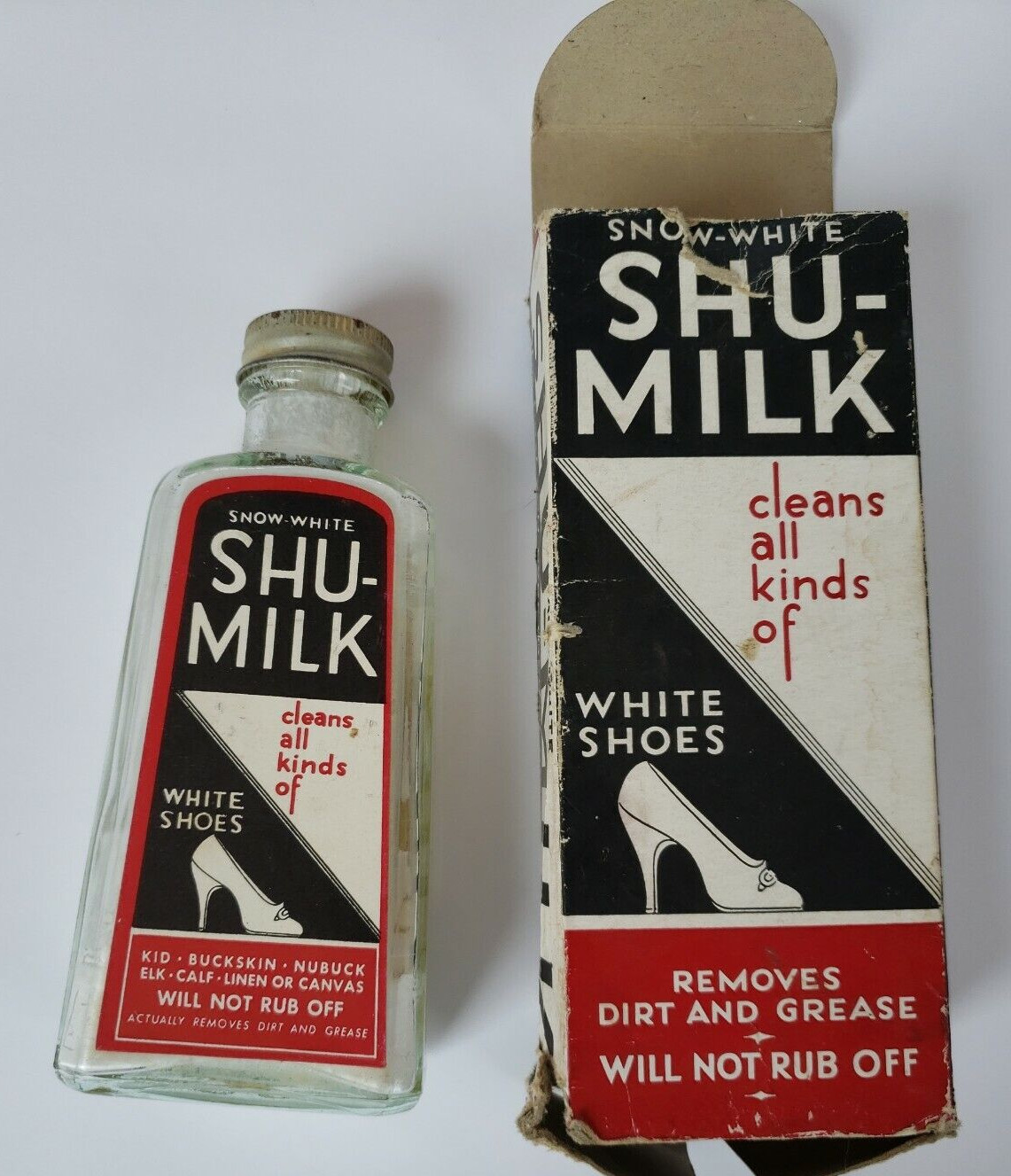 Vintage Snow White Shu-Milk Bottle and Box Shoe Cleaner New Jersey Glass Bottle