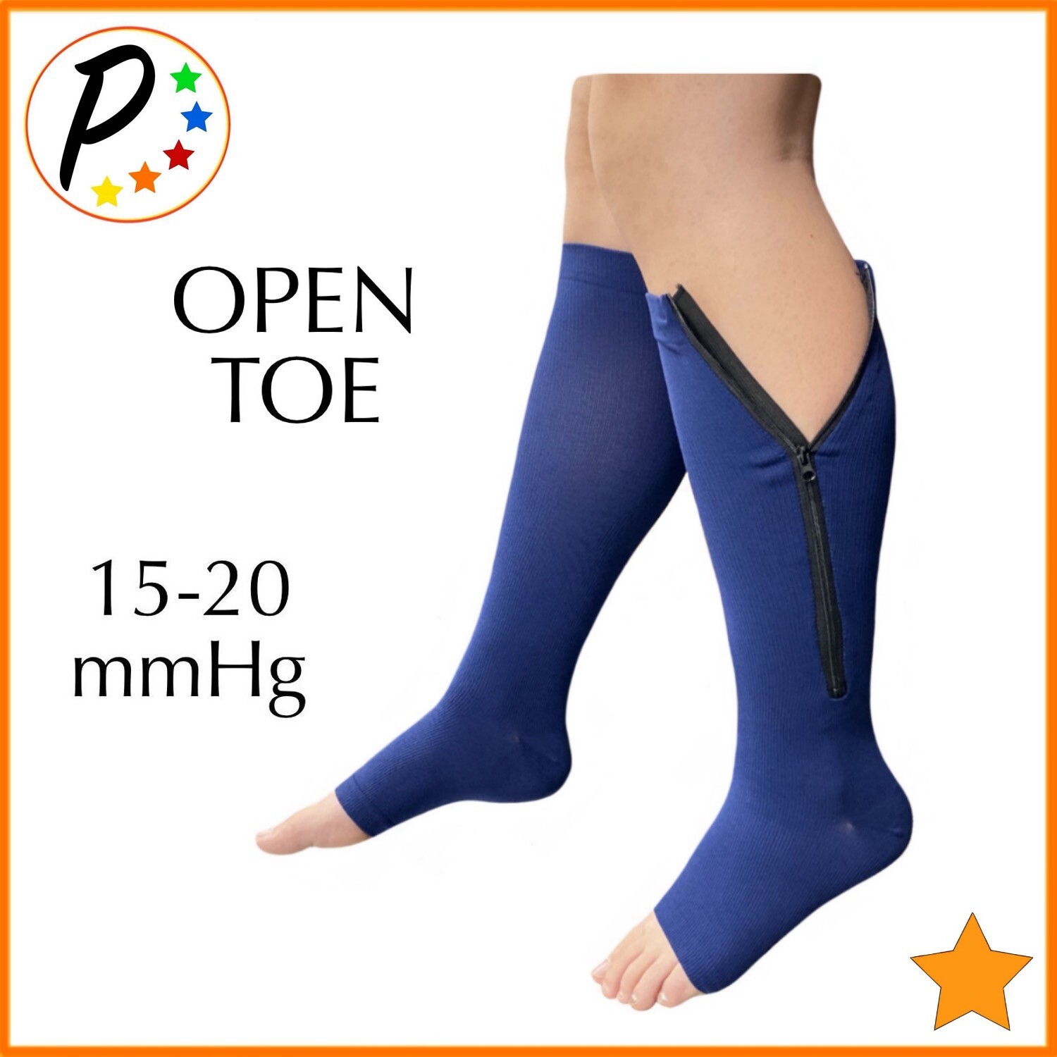 🟠 Presadee Open Toe 15-20 mmHg Moderate Compression Calf Leg Zipper Navy Socks