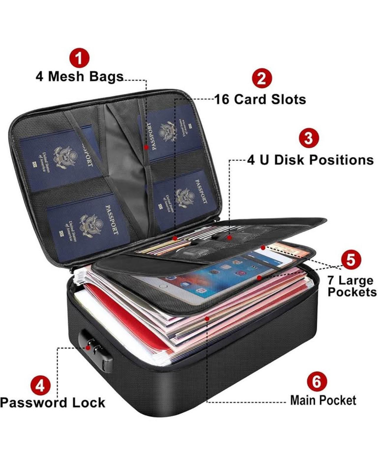 Fireproof/Water Resistant 3-Layer Document Storage Case w/ Lock