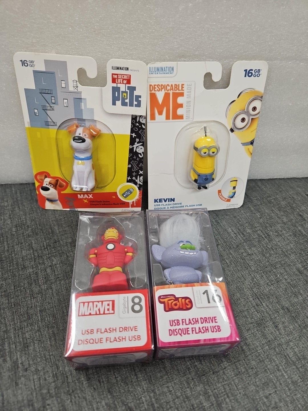 16 GB Character Flash Drives (Characters ) Trolls, Pets, Kevin & 8 GB Iron man