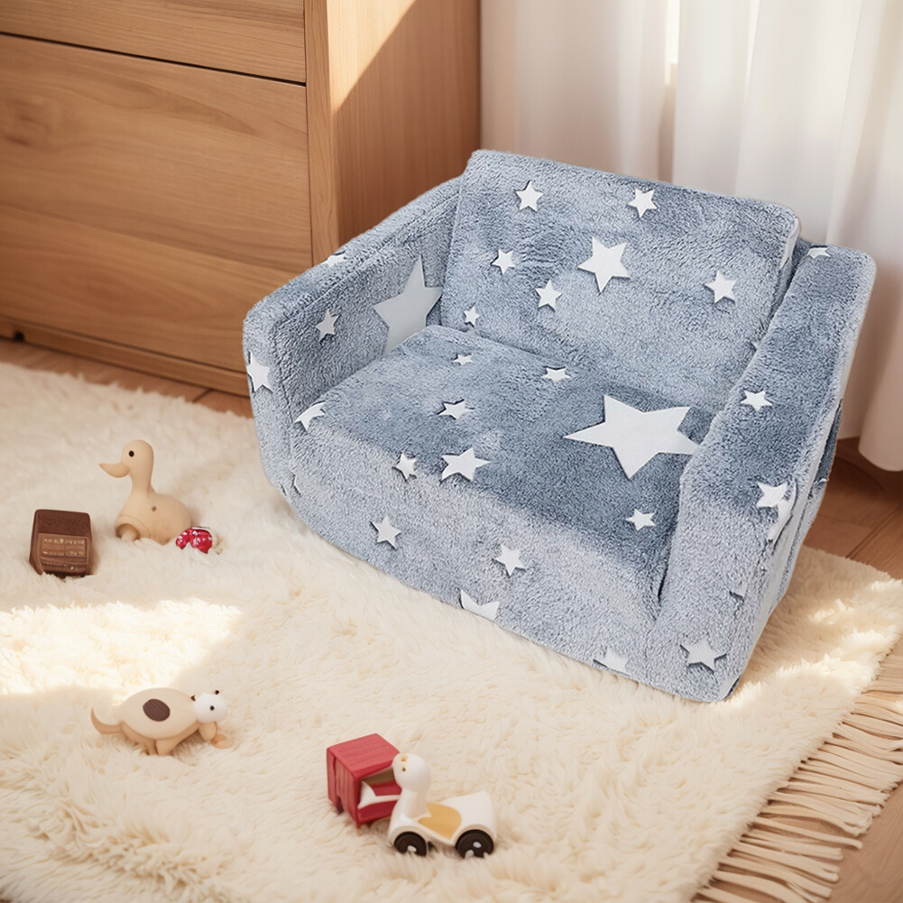 Toddler Kids Couch Convertible Sofa To Lounger for Girls and Boys (Gray Stars)
