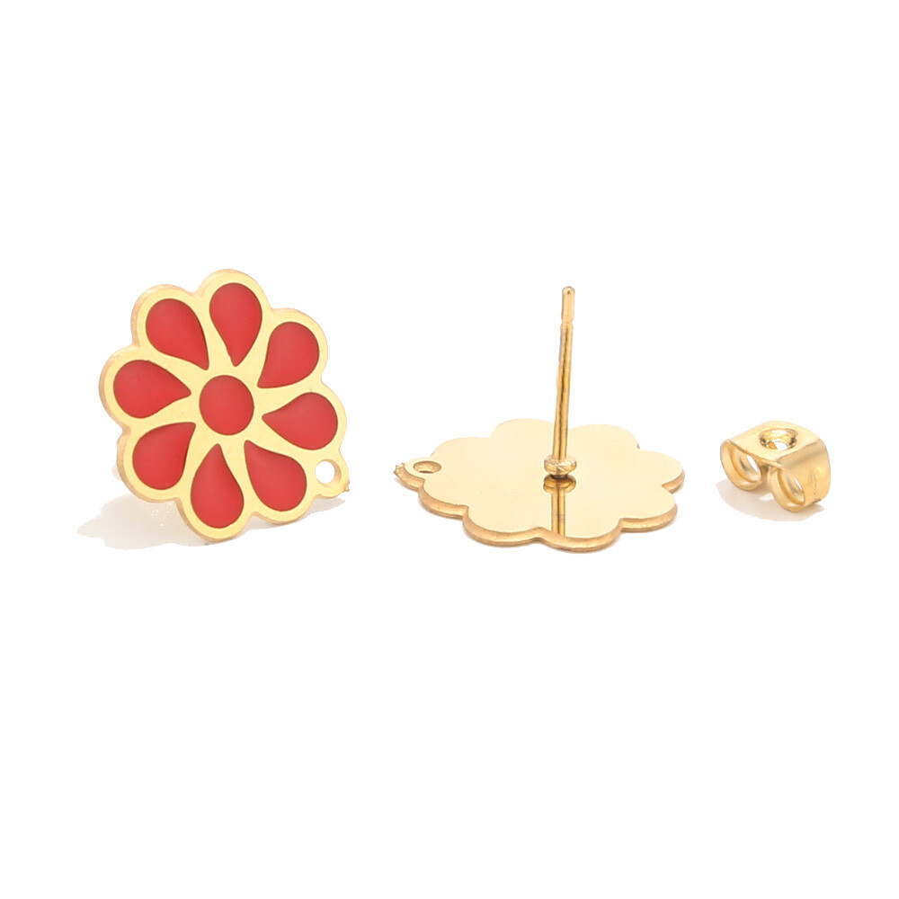 Newest Gold Stainless Steel Red Daisy Flower Ear Post Stud Earring Findings 14mm