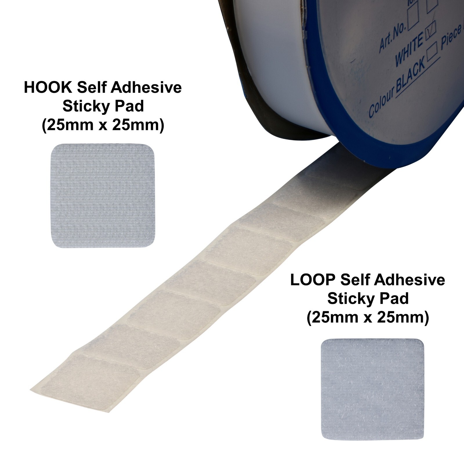 White Hook & Loop Stick On Self Adhesive Square Shape Pads Size 25mm x 25mm