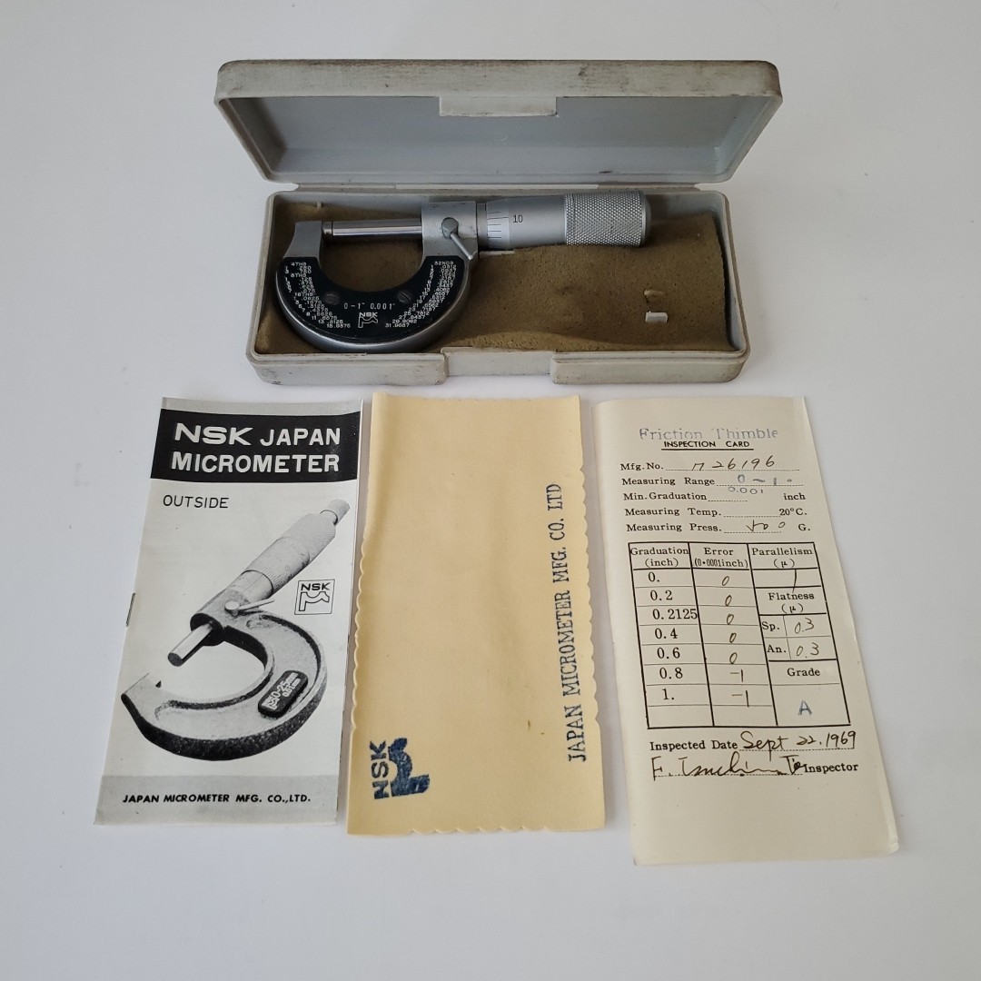 NSK Japan Outside 0-1 Micrometer with Case Manual Wrench Cloth 1969 M26198