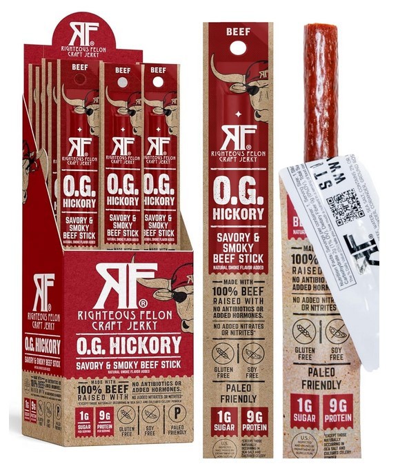 Righteous Felon OG Hickory Beef Meat Sticks 24 Pack - 1oz Gluten Free Keto Paleo