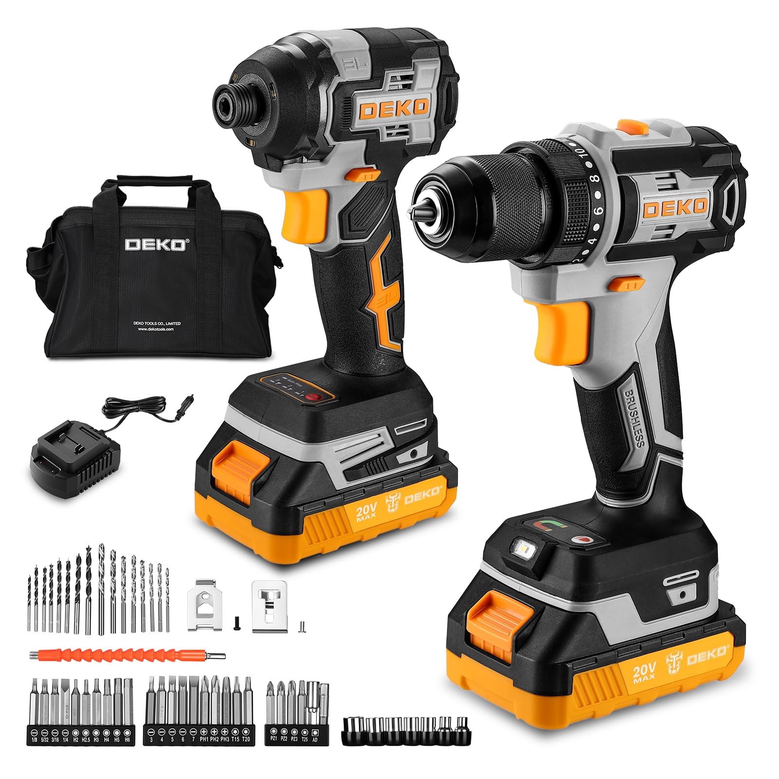 Cordless Drill Impact Driver Set Brushless 20V 2 Batteries Power Tool Kit Yellow