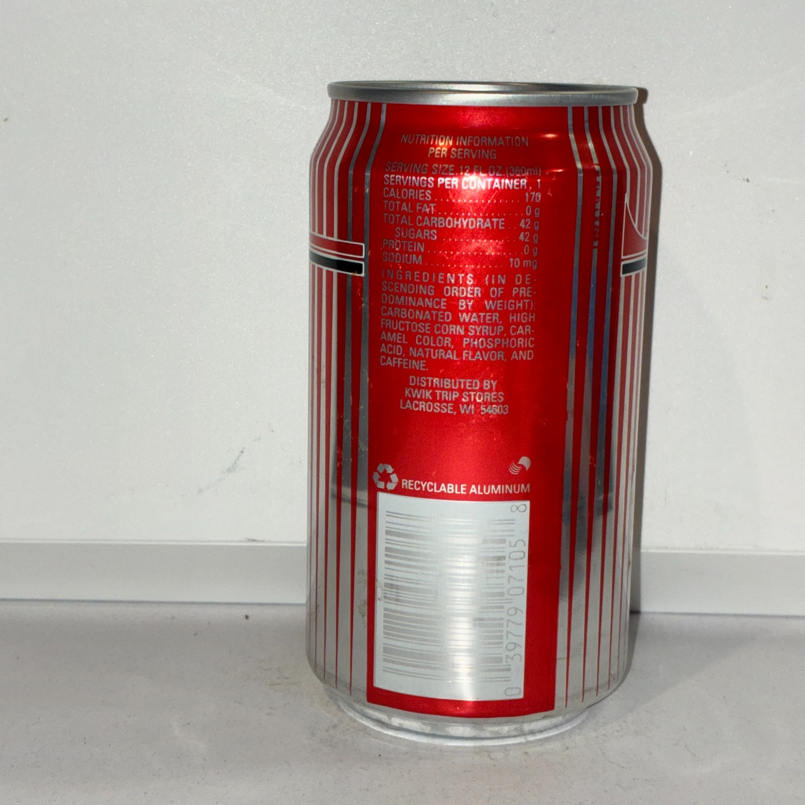 Kwik Trip Cola Soda can, bottom opened