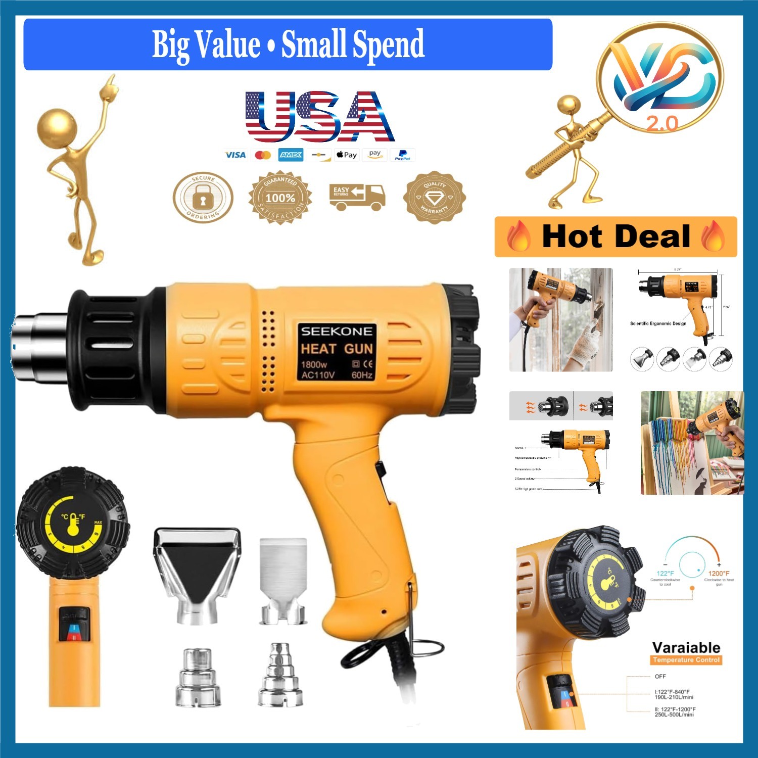 1800W Heat Gun Variable Temp 50-650℃ Heavy Duty for Shrinking & Paint Removaling