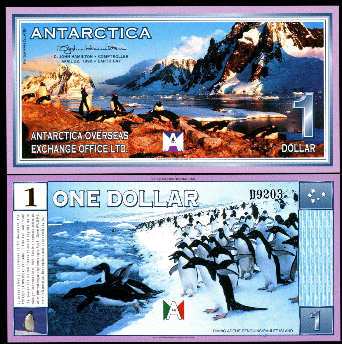 ANTARCTICA ONE DOLLAR PRIVATE ISSUE PAPER FANTASY ART BANKNOTE 1999 - PENGUINS!