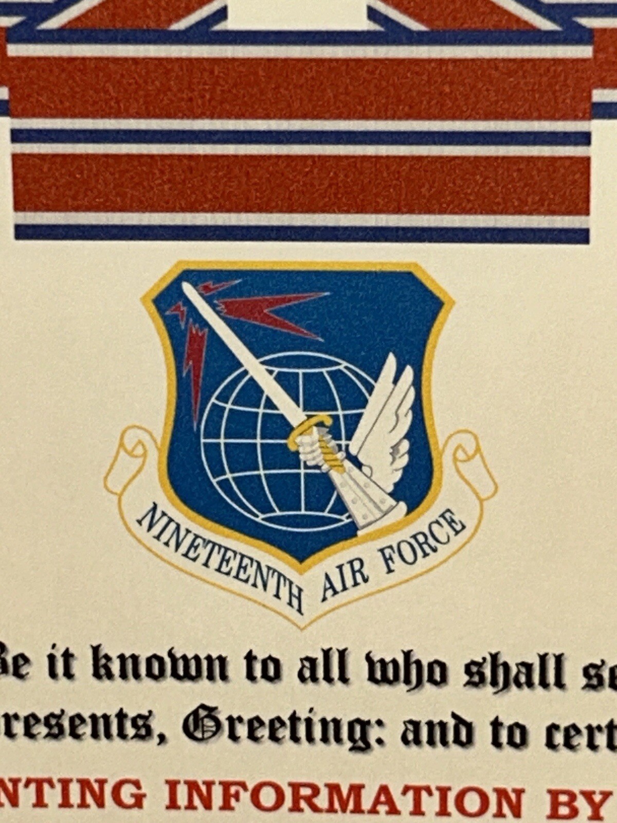U.S. AIR FORCE / 19TH AIR FORCE - ORGANIZATIONAL EXCELLENCE AWARD CERTIFICATE