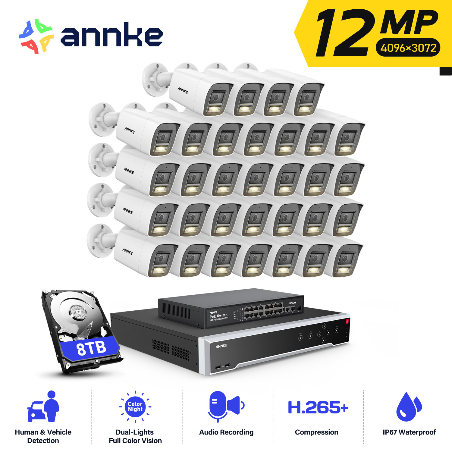 ANNKE 12MP AI Color Night POE Security IP Camera System 32CH NVR Audio Recording