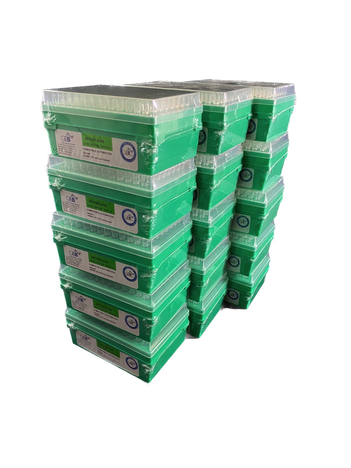 GEB 10μL Racked Tips compatible with Rainin Pipette Tips AF010R-9-NS (1,440/cs)