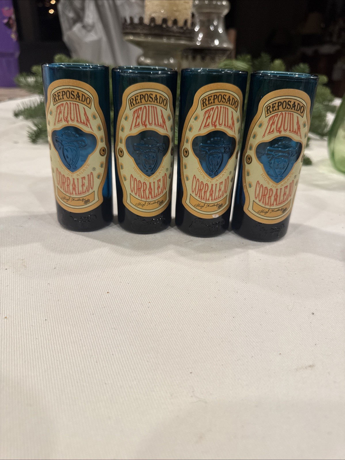 4 Corralejo Reposado Tequila Cobalt Blue Embossed 4.5” Tall Shot Glasses