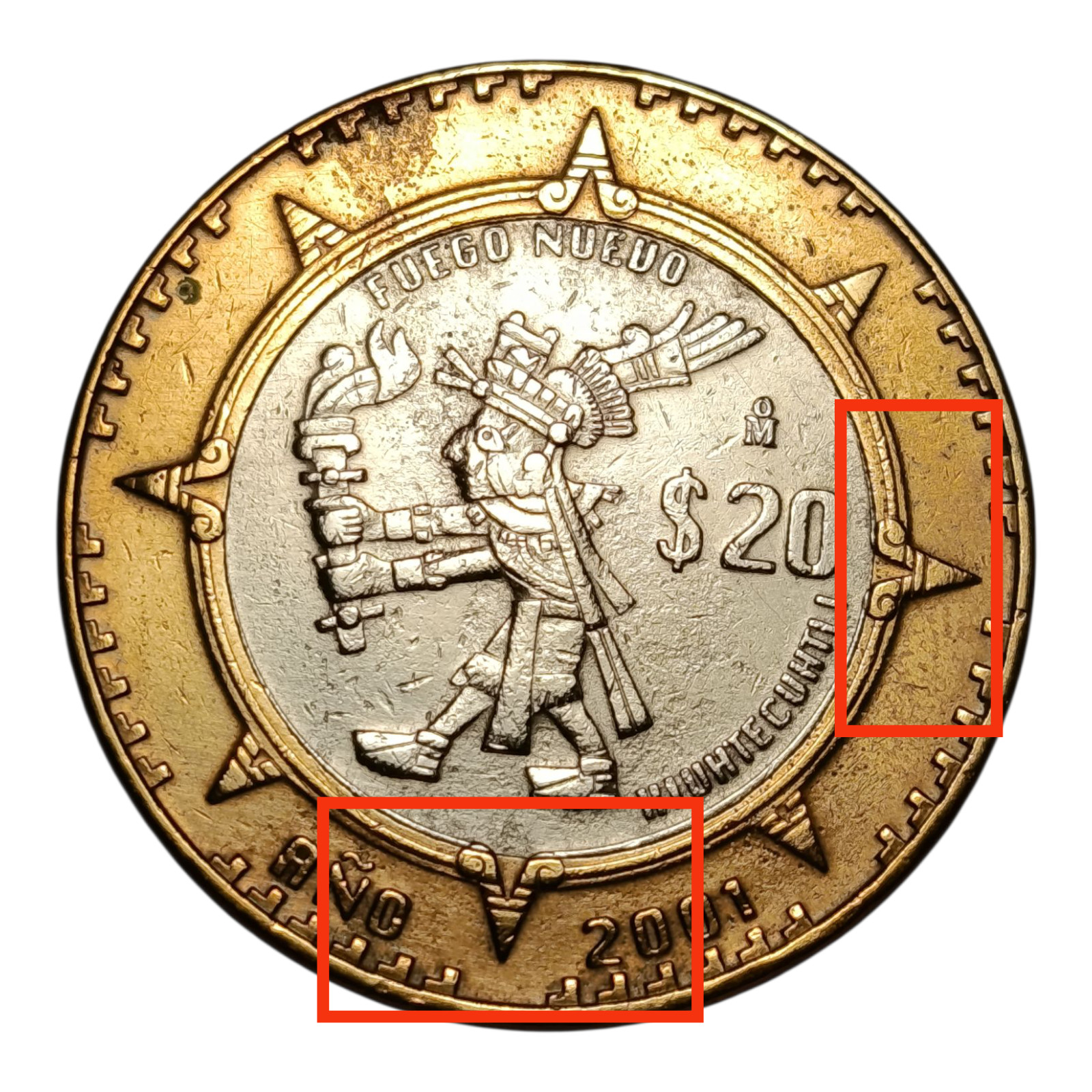 $20 pesos Fuego Nuevo Xiuhtecuhtli 2001 año muy escazo con error en reverso