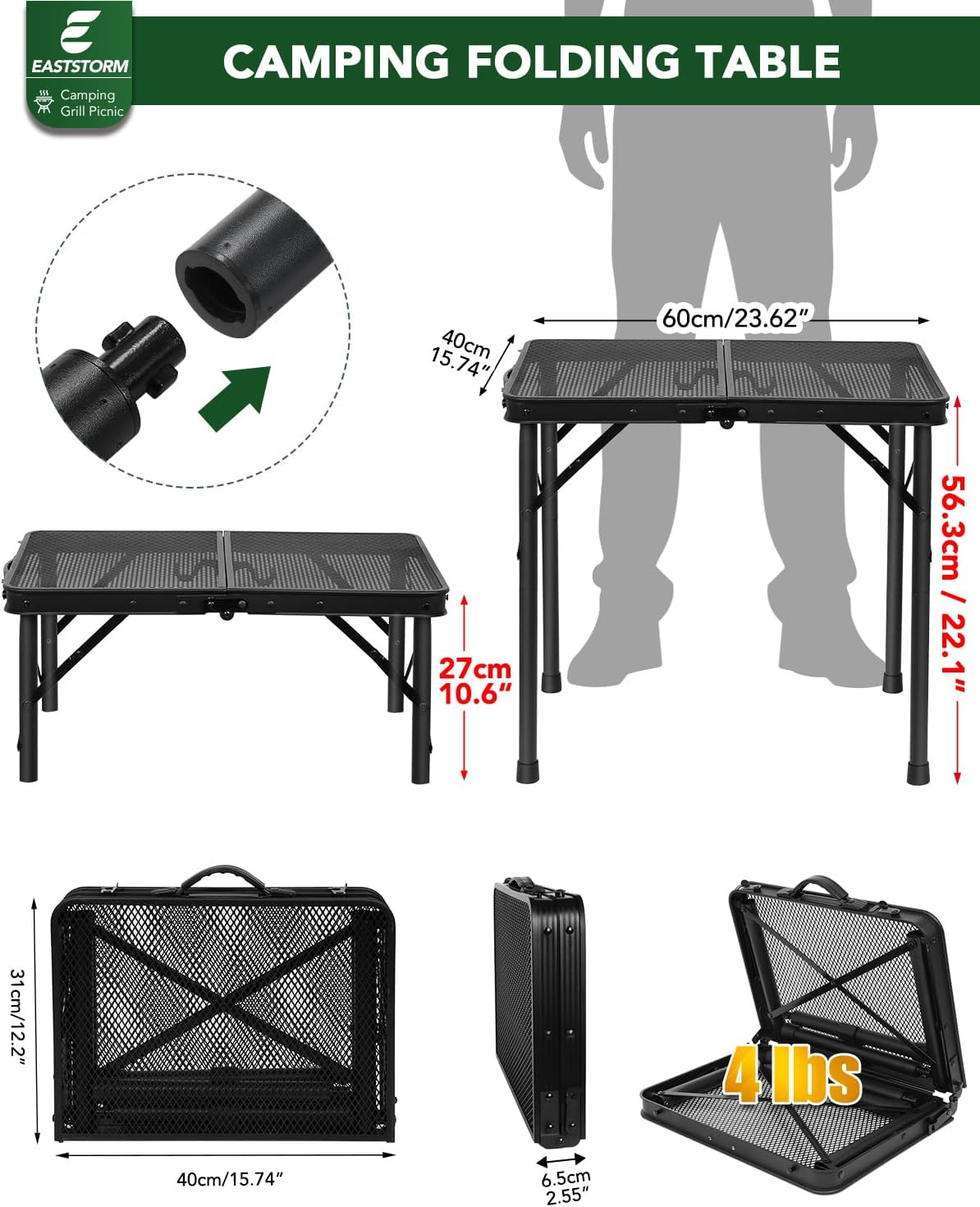 2 Ft Folding Camping Table, Adjustable Height 10.6-22 In, Small Grill Table | Bl