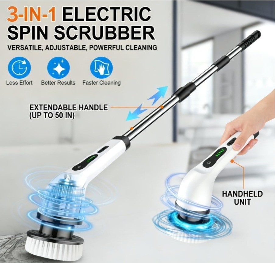 Cordless Spin Scrubber 8 Heads 2 Speed Extendable Bathroom Cleaner Tub Shower...