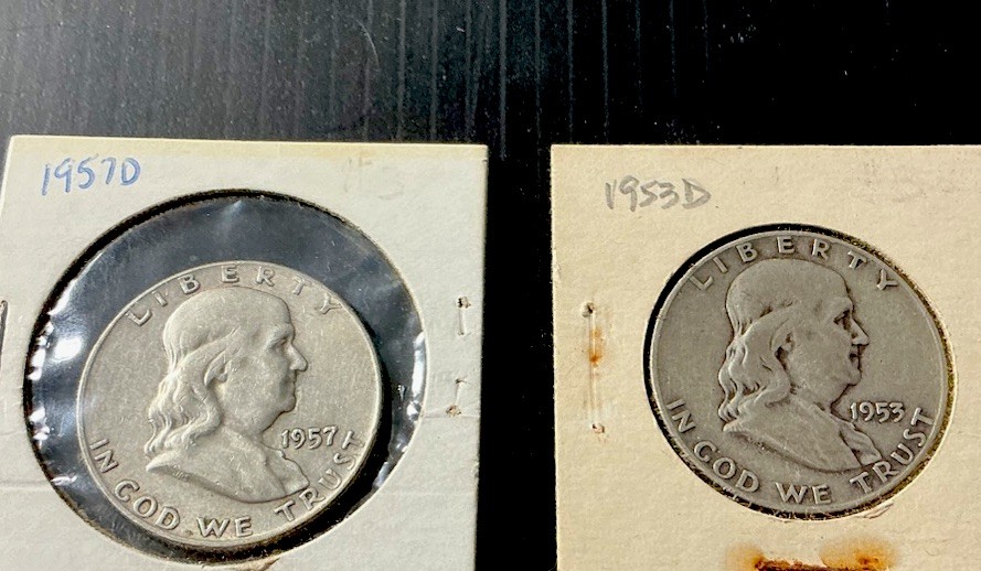 1953-D and 1957-D Franklin Half Dollars, Nice Details! 90% Silver, 2ea