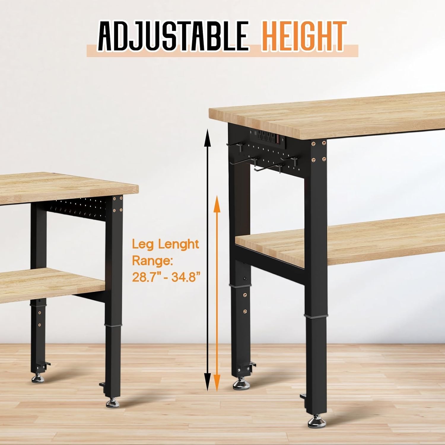 72" Adjustable 2-Tier Workbench with Solid Wood Top Max 6000lbs Capacity