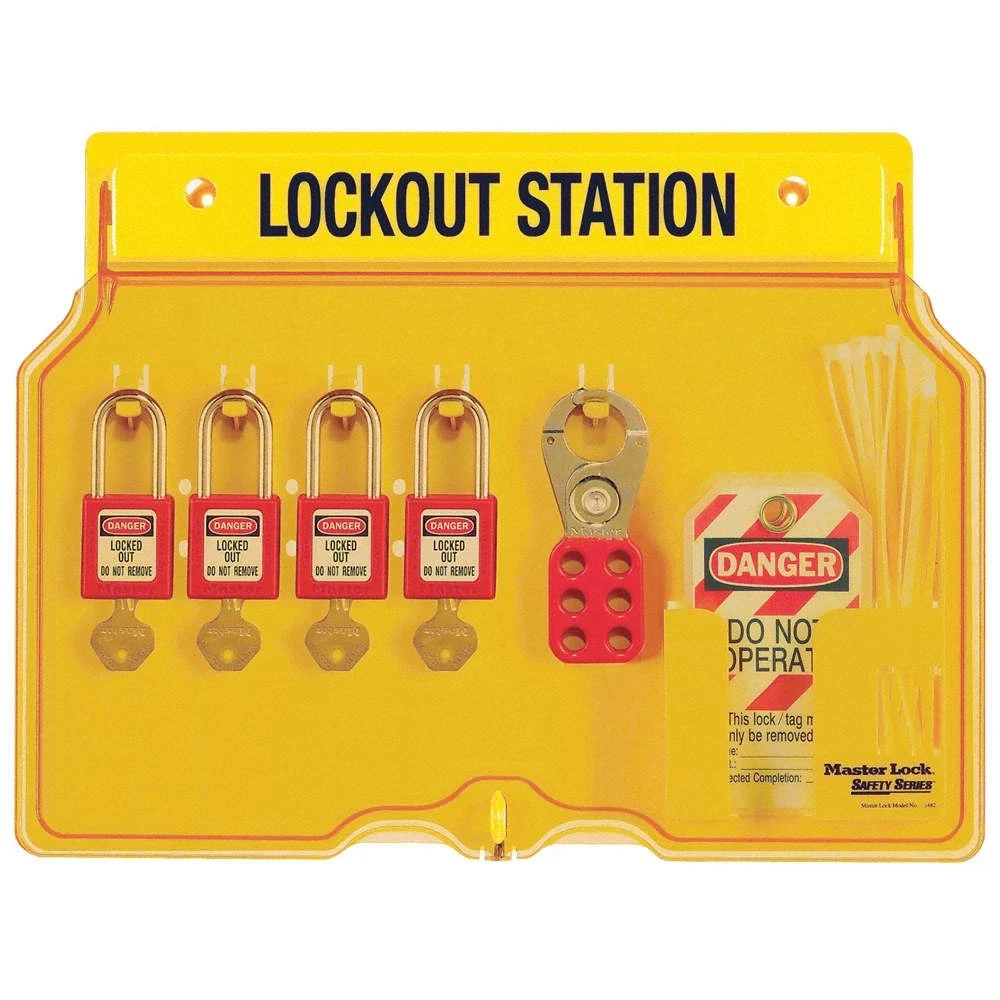 MASTER LOCK 1482BP410 Lockout Station, Filled, 4 Padlocks, Yellow