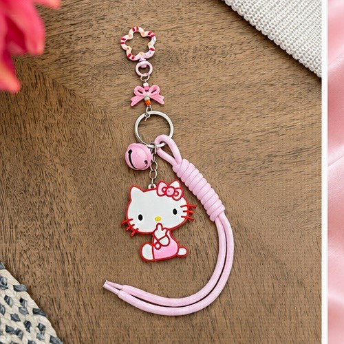 Hello Kitty Pink & White Keychain Strap Charm w/ Bell, Detachable Keyring