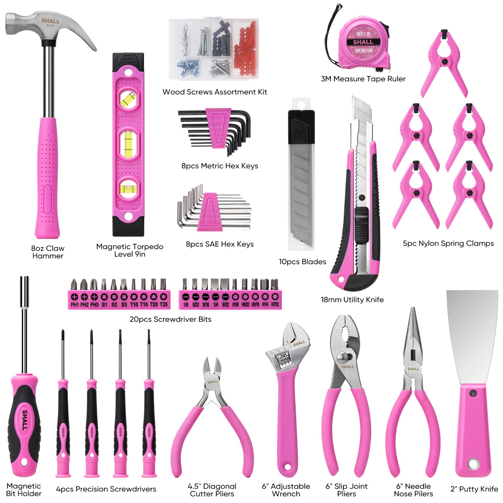 SHALL 166pcs Pink Tool Set for Women, Home Tool Kit with 12" Tool Bag Organizer