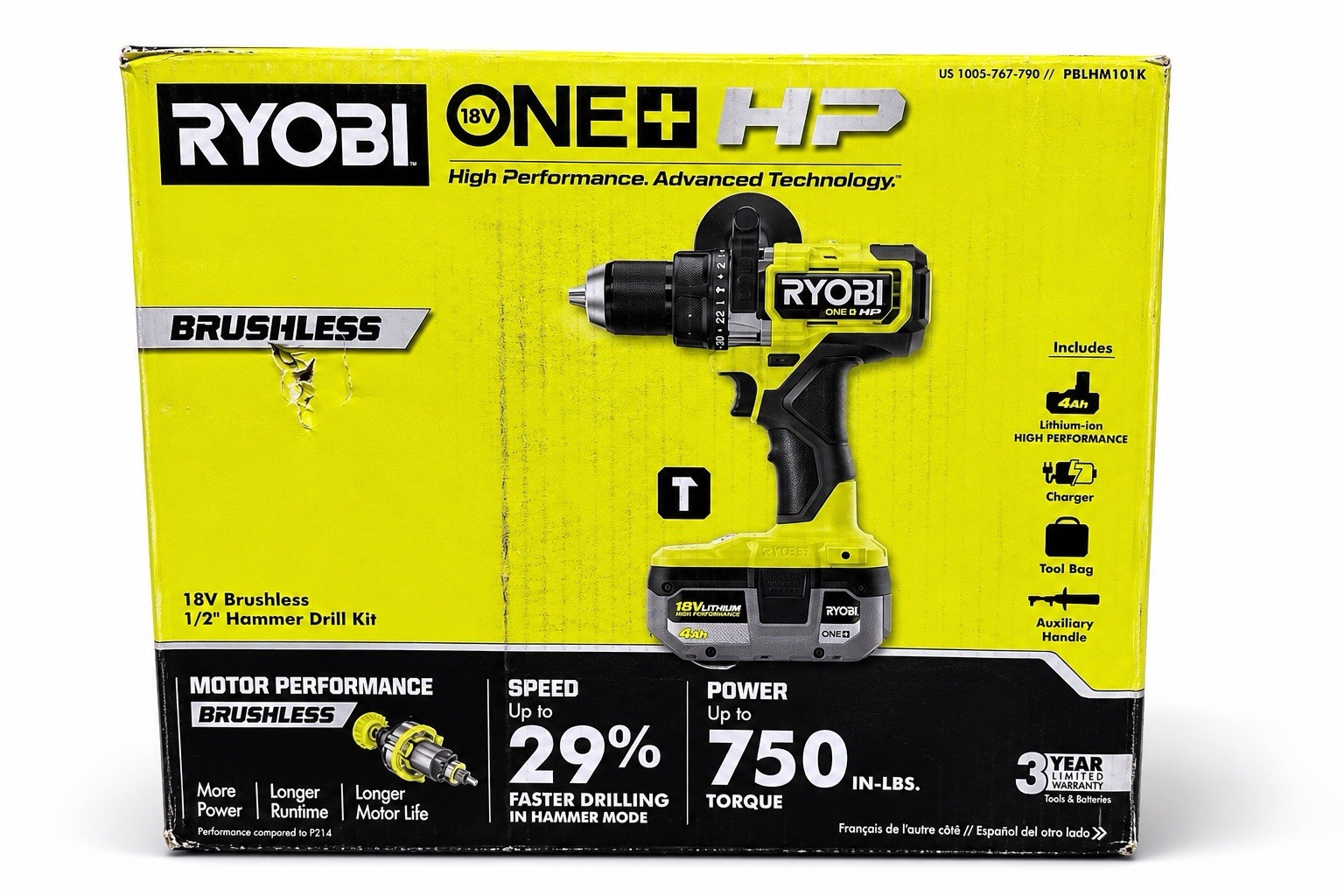 Ryobi ONE+ HP 18V Brushless 1/2" Hammer Drill Kit PBLHM101K New