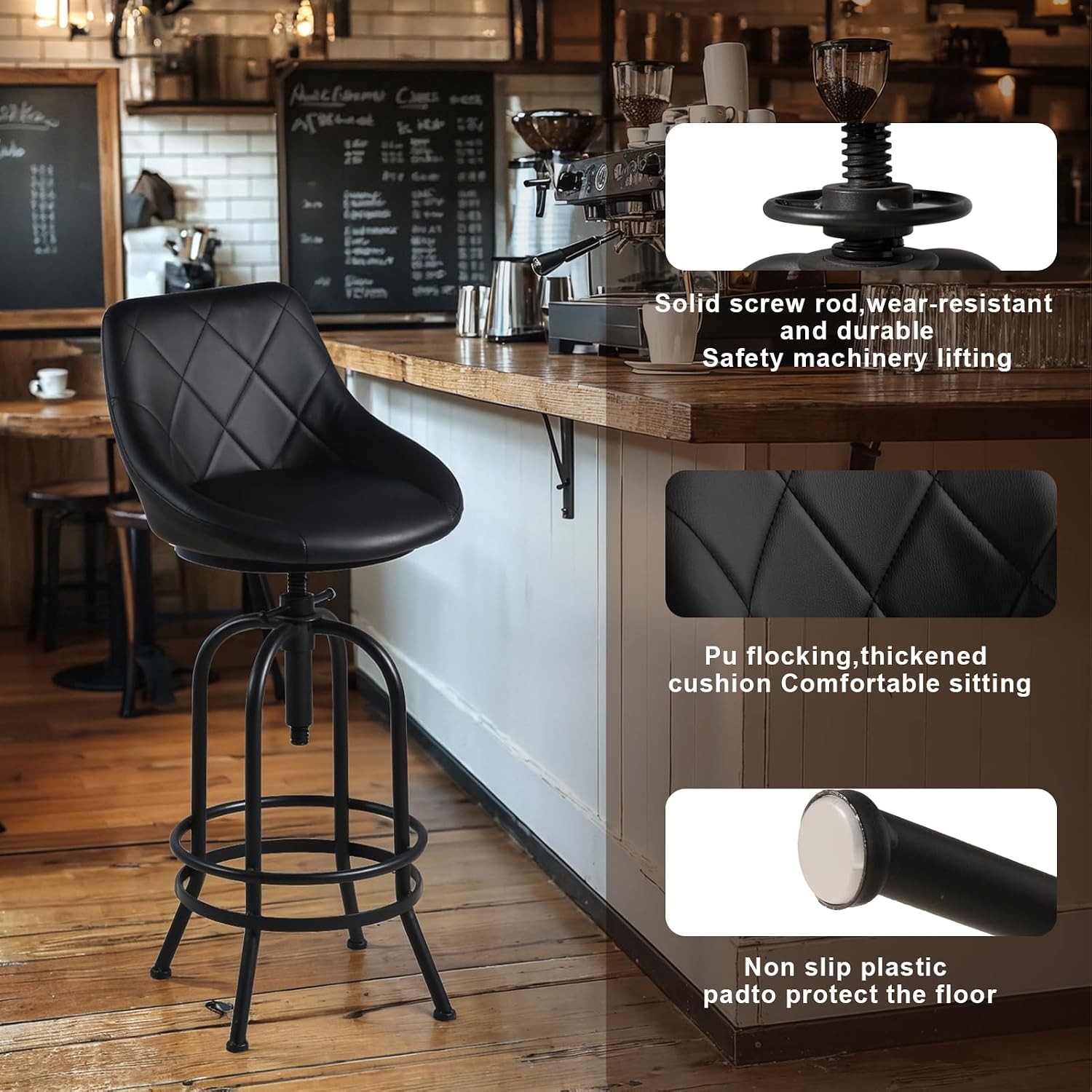 Industrial Bar Stool with Leather Backrest 26-32inch Height Adjustable Rustic