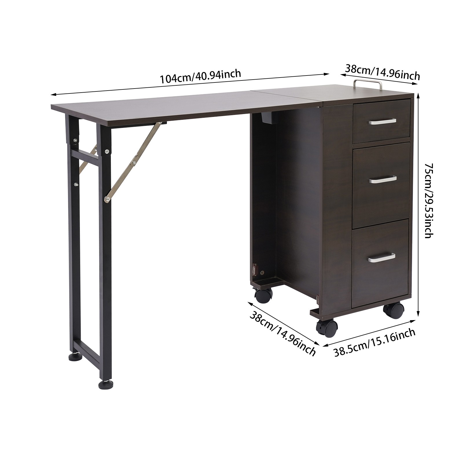 Rolling Nail Desk Folding Mobile Manicure Table W/ Drawer for Beauty Salons Use