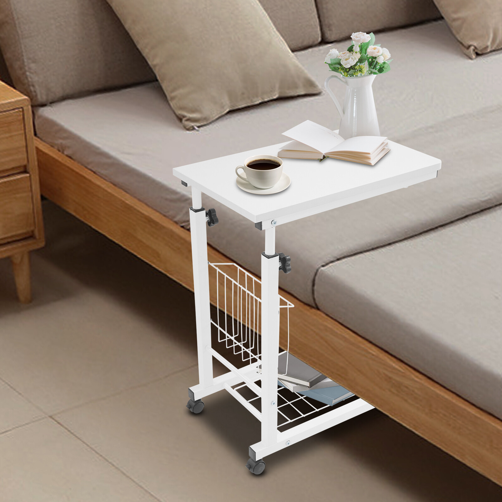 Adjustable Bed Side Table, Side Table with Wheels, Mobile Standalone Table