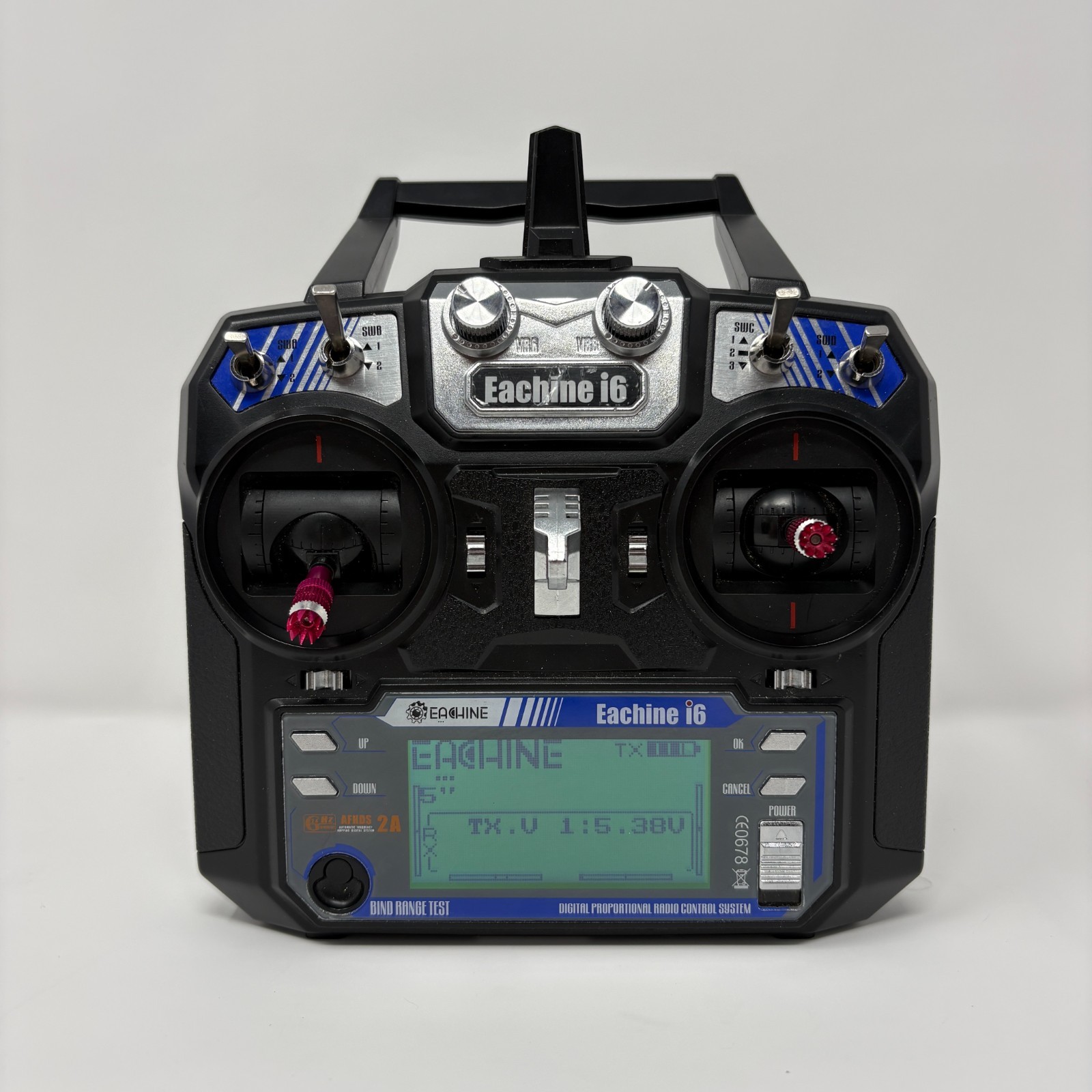 Eachine i6 (aka FlySky FS-i6) radio control, no battery cover, POWERS ON