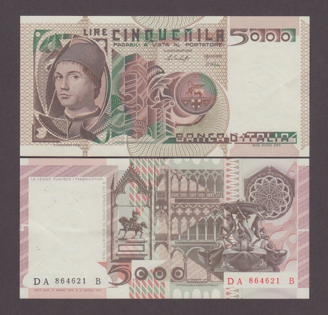 ITALY P.105  5000 LIRE 9.3.1979PORTRAIT BY ANTONEILO DI MESSINA VF CRISP  2511