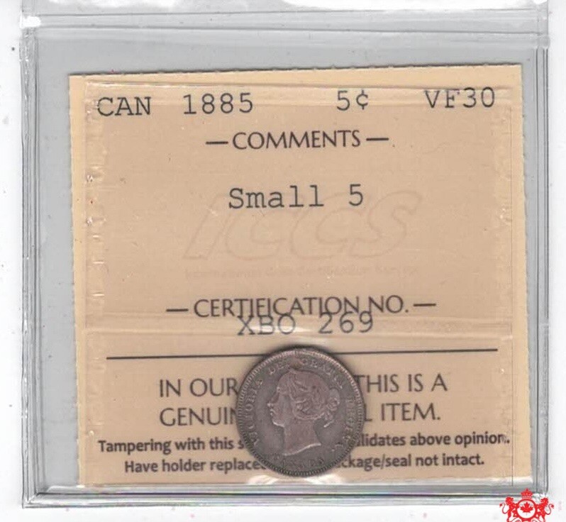 1885 Canada 5 Cents Small 5 - ICCS VF30 - XBO 269
