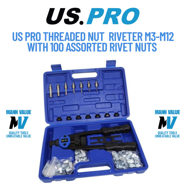 US PRO Tools Threaded Nut Hand Riveter M3-M12 With 100 Assorted Rivet Nuts 5465