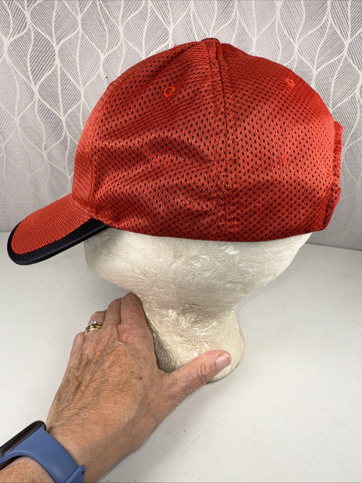 ALASKA in Script on Red w Black Accented Hat Cap Vented Fabric Hook Loop